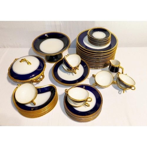 248 - A Georges Rovand Paris porcelain part dinner service including small two-handled bowls and stand, a ... 