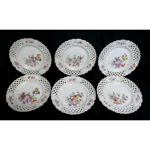 251 - A set of six Meissen porcelain fruit plates with impressed 'MEISSEN' mark, hand painted with flowers... 