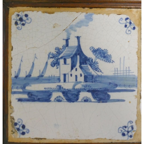 255 - Four 18th century tin glazed earthenware Dutch delft and English delft blue and white tiles depictin... 