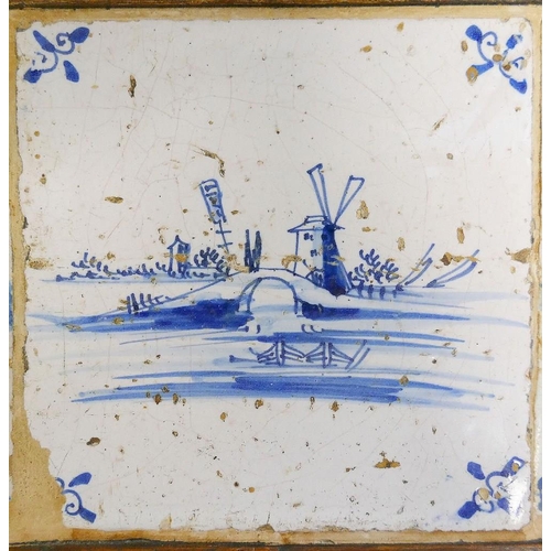 255 - Four 18th century tin glazed earthenware Dutch delft and English delft blue and white tiles depictin... 