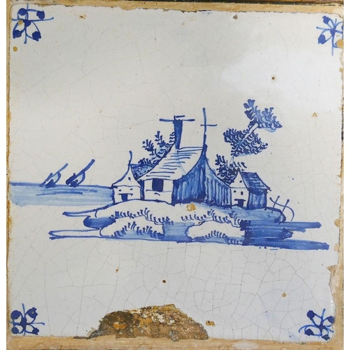 255 - Four 18th century tin glazed earthenware Dutch delft and English delft blue and white tiles depictin... 