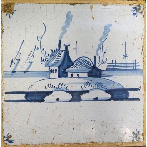 255 - Four 18th century tin glazed earthenware Dutch delft and English delft blue and white tiles depictin... 