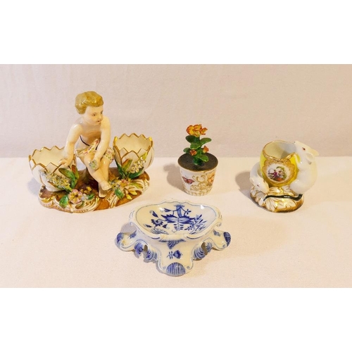 261 - A Dresden porcelain miniature pot plant, 7.5cm high, a John Bevington double posy vase in the form o... 