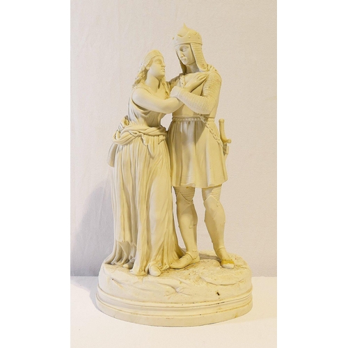 263 - A Parian figural group of Arthur and Guinevere, 45cm high (with glued repair to Arthur's leg)