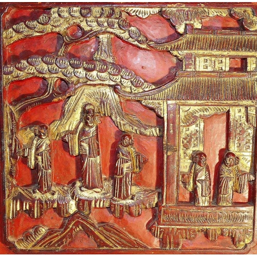 279A - A Chinese square red lacquered and gilt figural panel, carved in relief, framed 32cm x 33cm over all