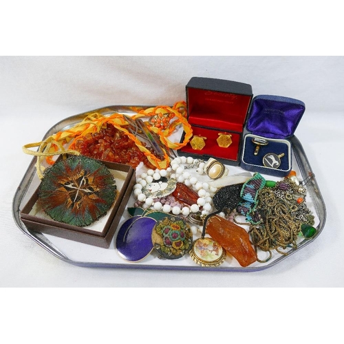 28A - An assortment of paste set jewellery, amber items, vintage and other jewellery, cufflinks and watche... 