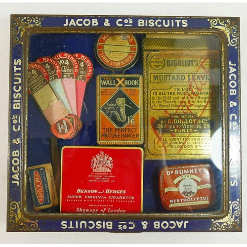 296 - Assorted vintage tins including a Jacobs and Co. glass topped example, Riggollot's Mustard Leaves an... 