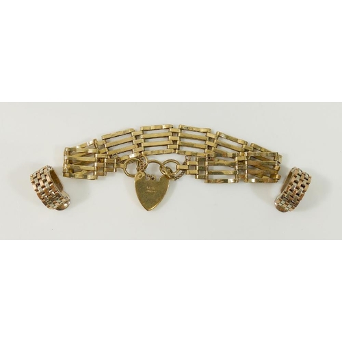 30A - A 9ct gold gate link bracelet, London 1989, 1.2cm wide, a pair of 9ct gold bi-colour brick link half... 