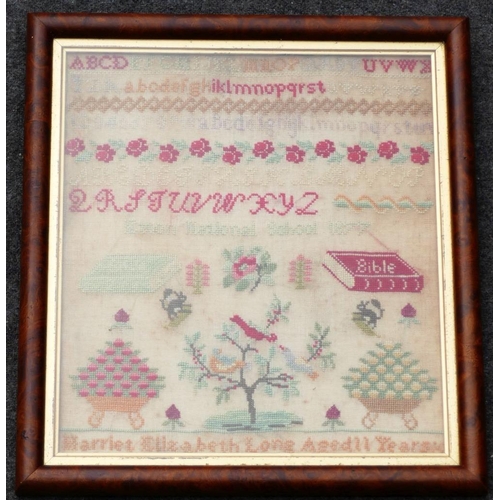 300 - A 19th century sampler by 'Hariet Elizabeth Long Aged 11 Years', featuring the alphabet both upper a... 