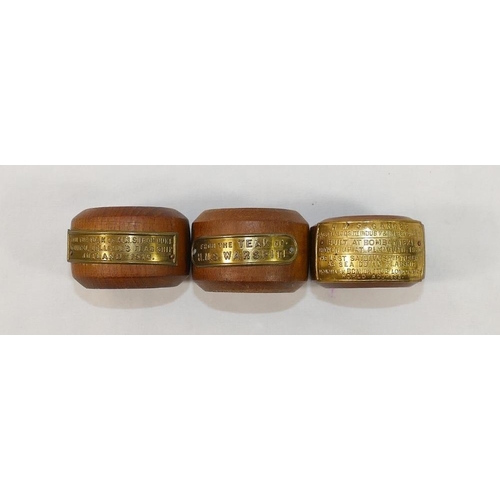 308 - Six turned teak napkin rings made from the timber of assorted ships, each napkin ring with identifyi... 