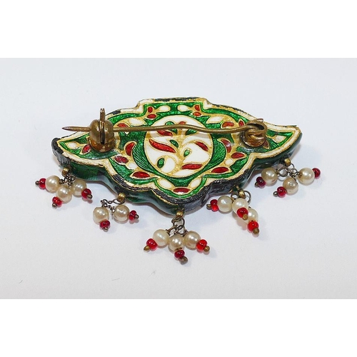 31 - A Mughal enamel necklace section converted to a brooch, set with paste and faux pearls and red glass... 