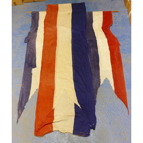 313A - A set of vintage French flag theatre drapes, the three long cotton sections each approximately 85cm ... 