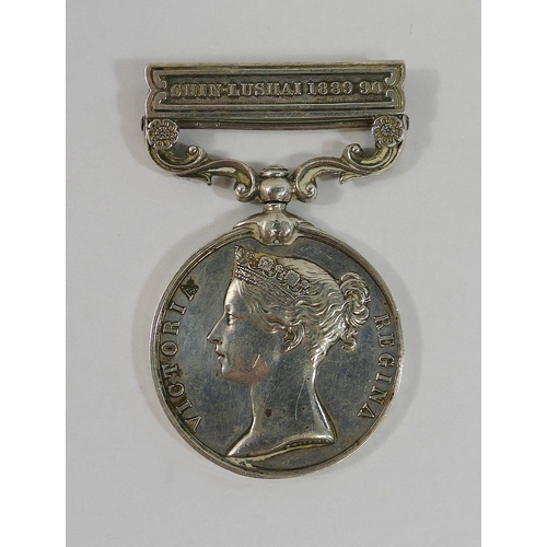 327 - An India General service medal (1854-1895), with Chin-Lushai 1889-90 bar, awarded to Ltn C G Tennant