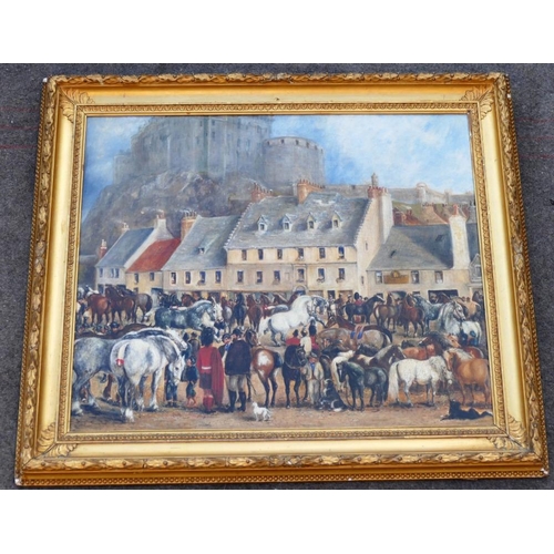 380 - 19th century British, Edinburgh Horse Fair, oil on canvas, unsigned, 50cm x 60cm, housed in ornate g... 