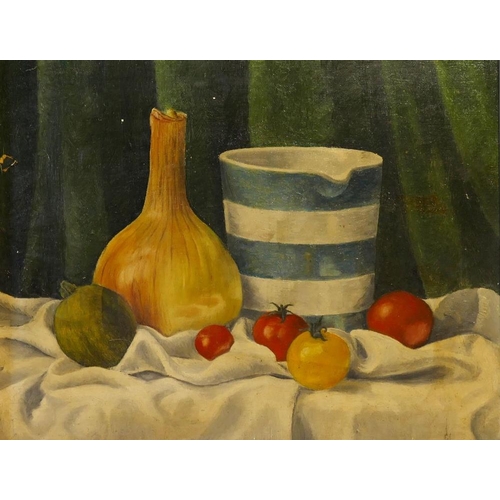 381 - 20th Century British, still life of kitchen items and a bottle of red wine, oil on board, unsigned, ... 