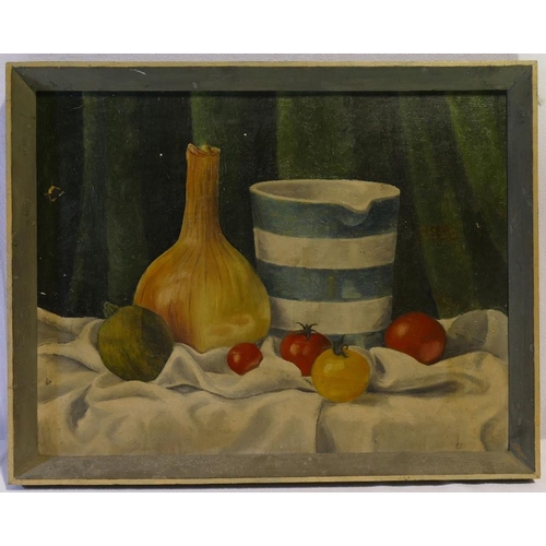 381 - 20th Century British, still life of kitchen items and a bottle of red wine, oil on board, unsigned, ... 