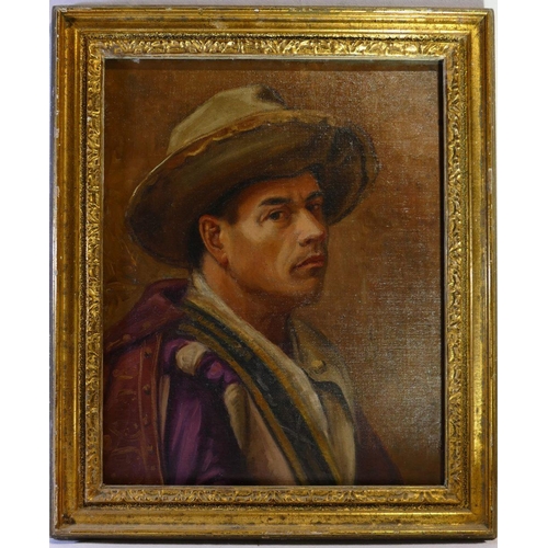 383 - Portrait of a young Mexican man in traditional costume, oil on canvas, unsigned, 50.5cm x 40cm, hous... 