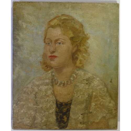 385 - 20th Century British, portrait of a blonde lady, oil on canvas, unsigned, indistinctly inscribed to ... 