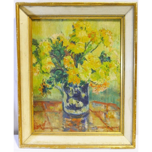 388 - 20th Century British, still life of yellow and orange flowers, in blue and white jug, oil on canvas,... 