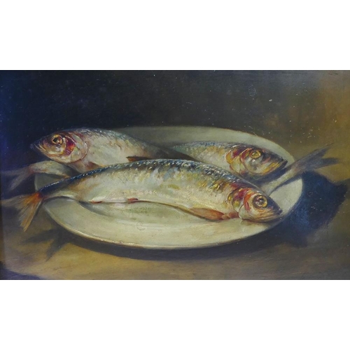 392 - Leonard Ashford (20th century British), still life study of herrings on a plate, oil on board, signe... 