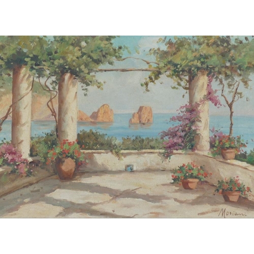 393 - Late 19th/early 20th Century Italian, Capri terrace scene overlooking the sea, oil on canvas, signed... 