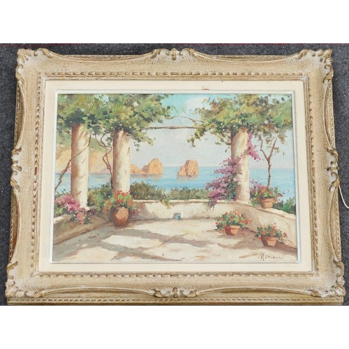 393 - Late 19th/early 20th Century Italian, Capri terrace scene overlooking the sea, oil on canvas, signed... 