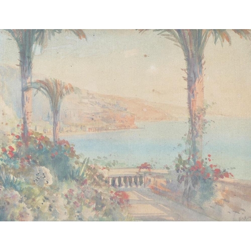 393 - Late 19th/early 20th Century Italian, Capri terrace scene overlooking the sea, oil on canvas, signed... 