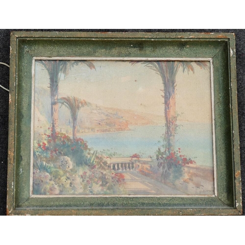 393 - Late 19th/early 20th Century Italian, Capri terrace scene overlooking the sea, oil on canvas, signed... 