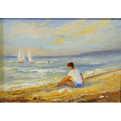 394 - 20th Century British, man sitting on a beach watching sailing boats, oil on board, indistinctly sign... 