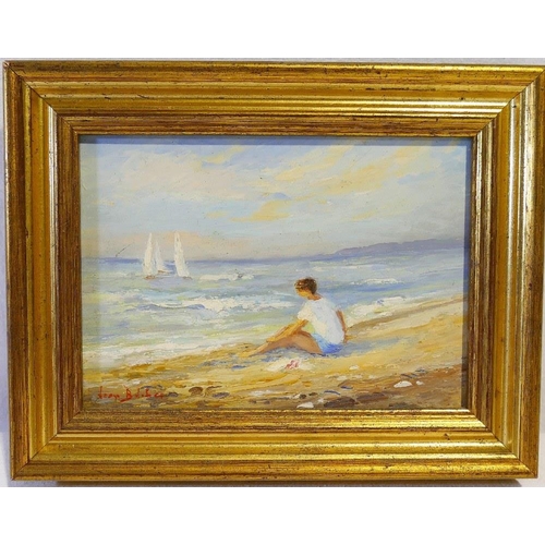 394 - 20th Century British, man sitting on a beach watching sailing boats, oil on board, indistinctly sign... 