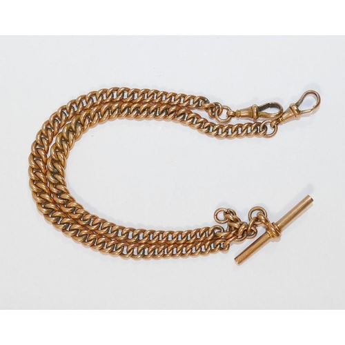 43 - A 9 carat rose gold watch chain, with individually hallmarked graduated curb links, 'T' bar and fob ... 