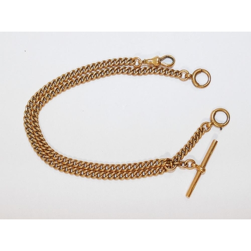 44 - A 15 carat gold watch chain, with individually hallmarked curb links, 'T' bar, ring and fob clasps, ... 