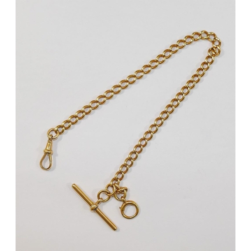 45 - An 18 carat gold watch chain, with individually marked curb links, 'T' bar, fob clasp to one end and... 