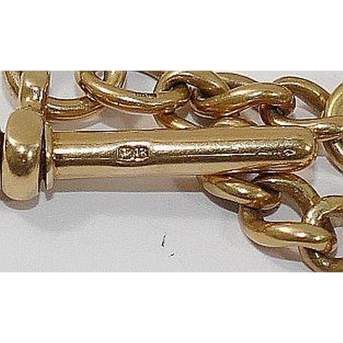 45 - An 18 carat gold watch chain, with individually marked curb links, 'T' bar, fob clasp to one end and... 