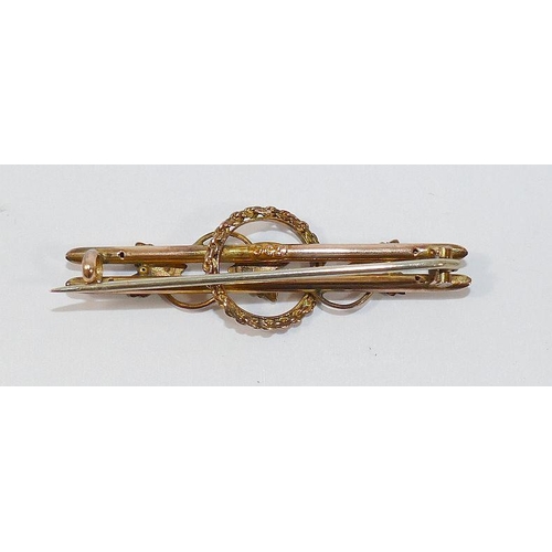 46 - A Victorian gold seed pearl set bar brooch, stamped '9CT', with steel pin, 4.4cm long, 2.2g gross