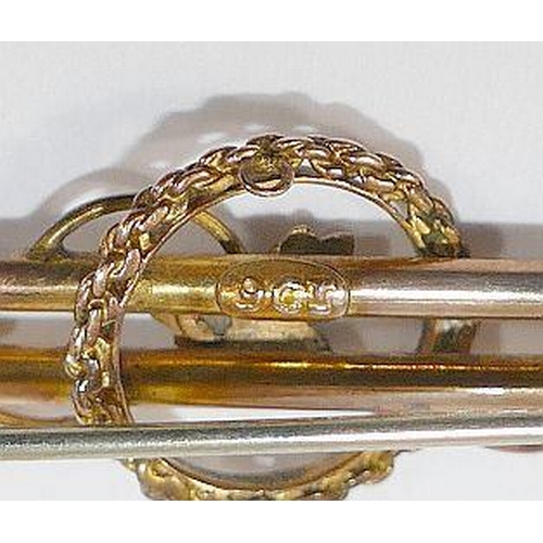 46 - A Victorian gold seed pearl set bar brooch, stamped '9CT', with steel pin, 4.4cm long, 2.2g gross