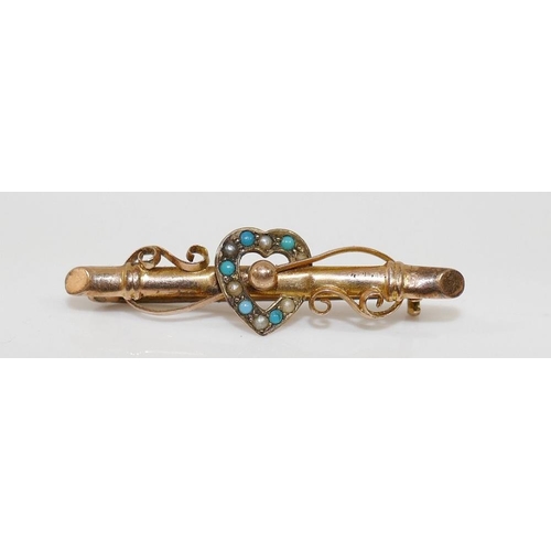 47 - A Victorian gold split pearl and turquoise set bar brooch stamped '9C', another Victorian gold bar b... 