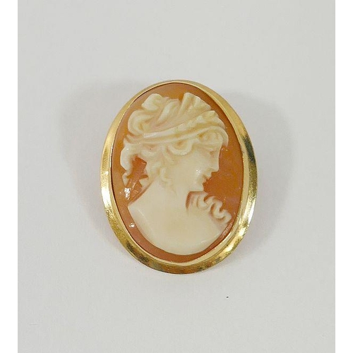 5A - A small oval carved shell cameo pendant brooch in yellow metal mount stamped '750', 2cm x 1.7cm, 2.9... 