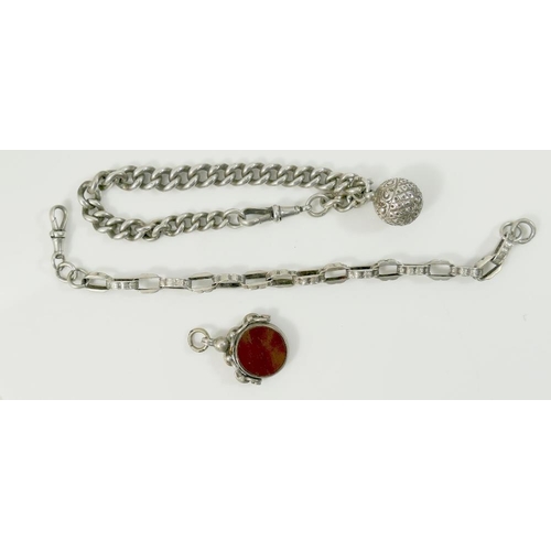 67A - A silver fob chain converted to a bracelet with hollow ball charm, another fob chain converted to a ... 