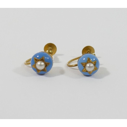 7 - A pair of Victorian turquoise enamel and split pearl screw back earrings, the head of the earring 0.... 