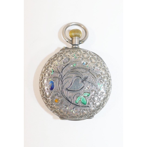 70 - A 19th century Swiss silver cased ladies pocket watch, the case stamped '.935', 3.4cm diameter, with... 