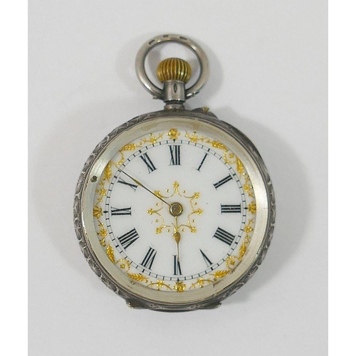 70 - A 19th century Swiss silver cased ladies pocket watch, the case stamped '.935', 3.4cm diameter, with... 