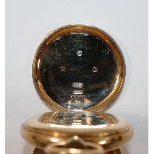 73 - A J W Benson 9 carat gold cased half hunter pocket watch, Birmingham 1926, in working order, bearing... 