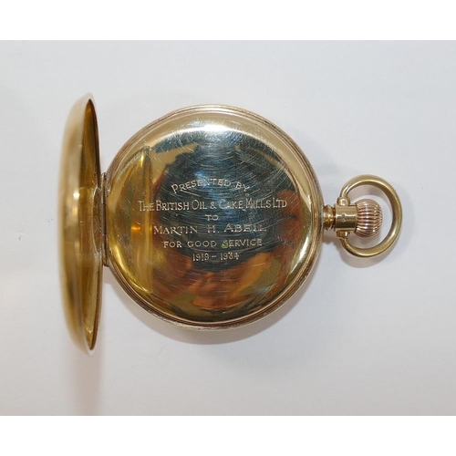 74 - A Vertex 9 carat gold half hunter pocket watch, London 1934, with inscription to the inside cover, 9... 