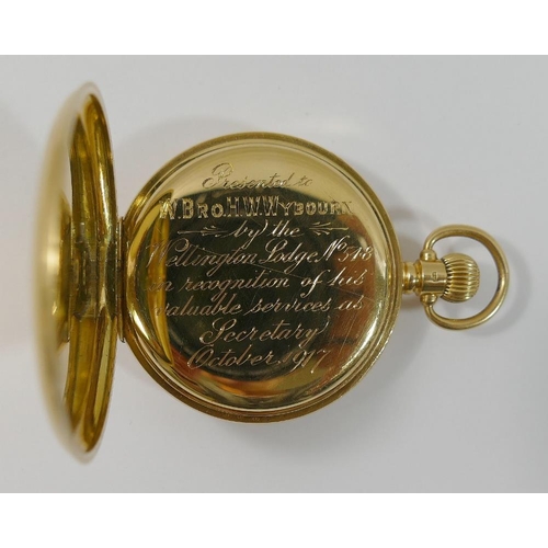 75 - An early 20th century Waltham stem wind hunter pocket watch with 18 carat gold Dennison case, Birmin... 