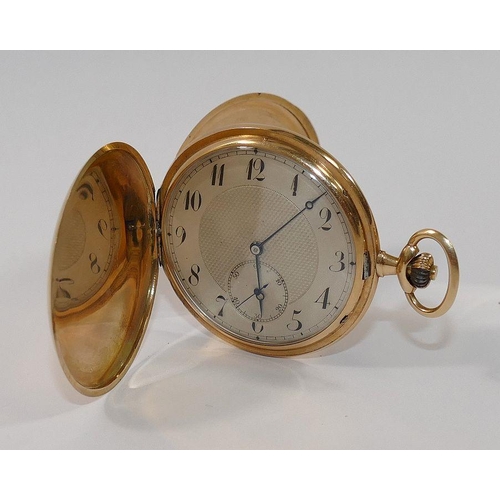 76 - A yellow metal cased Longines stem wind hunter pocket watch, the dust cover engraved 'Longines Grand... 