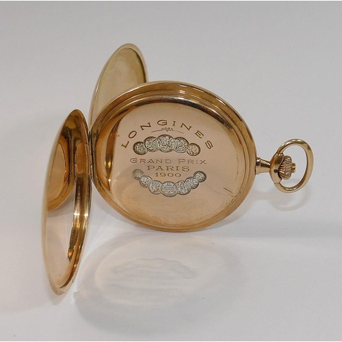 76 - A yellow metal cased Longines stem wind hunter pocket watch, the dust cover engraved 'Longines Grand... 