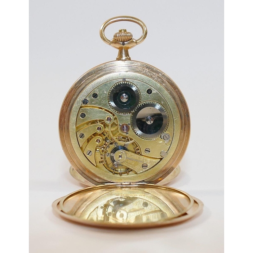 76 - A yellow metal cased Longines stem wind hunter pocket watch, the dust cover engraved 'Longines Grand... 