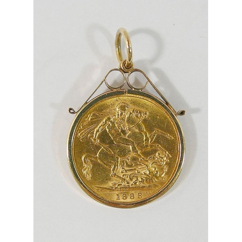 81 - A Victoria 1888 sovereign in 9 carat gold removeable pendant mount, combined weight 9.3g