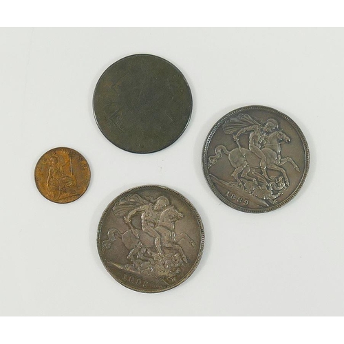 85A - An 1895 Victoria silver crown, an 1889 silver Victoria crown, and two other Victoria coins